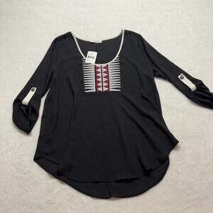 Lush Brand Womens Embroidered 3/4 Sleeve Boho Festival Blouse Size L Black Red